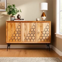 Large Handcrafted Carved Oriental Style Indian Furniture Buffet Hutch Natural Old Wooded Carved Old Door Sideboard 152x40x101cm