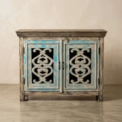 Solid Mango Wood Handcrafted Small Sideboard Carved Indian Furniture Carved Cabinet Whitewash Finish 115x40x90cm