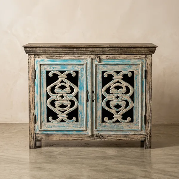 Solid Mango Wood Handcrafted Small Sideboard Carved Indian Furniture Carved Cabinet Whitewash Finish 115x40x90cm