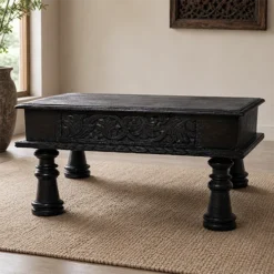 Unique Handcrafted Carved Handmade Mango Solid wood Vintage Antique Indian Furniture Wooden Dark Color Table Coffee Table55x55x45cm