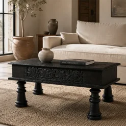 Unique Handcrafted Carved Handmade Mango Solid wood Vintage Antique Indian Furniture Wooden Dark Color Table Coffee Table55x55x45cm
