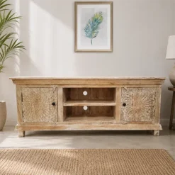Large Handcrafted Carved Oriental Style Indian Furniture Wooden Hand carved TV Unit Whitewash 150x40x60cm