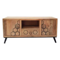 Large Handcrafted Carved Oriental Style Indian Furniture Wooden Hand carved TV Unit Entertainment Media Unit Natural Brown 132x41x61cm