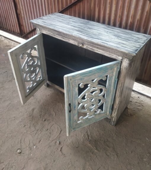 Solid Mango Wood Handcrafted Small Sideboard Carved Indian Furniture Carved Cabinet Whitewash Finish 115x40x90cm