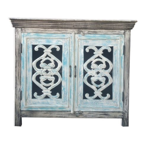 Solid Mango Wood Handcrafted Small Sideboard Carved Indian Furniture Carved Cabinet Whitewash Finish 115x40x90cm