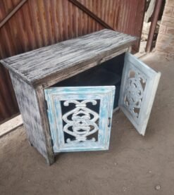 Solid Mango Wood Handcrafted Small Sideboard Carved Indian Furniture Carved Cabinet Whitewash Finish 115x40x90cm