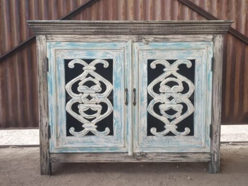 Solid Mango Wood Handcrafted Small Sideboard Carved Indian Furniture Carved Cabinet Whitewash Finish 115x40x90cm