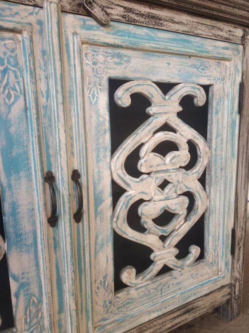 Solid Mango Wood Handcrafted Small Sideboard Carved Indian Furniture Carved Cabinet Whitewash Finish 115x40x90cm