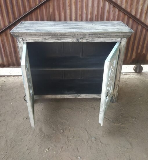 Solid Mango Wood Handcrafted Small Sideboard Carved Indian Furniture Carved Cabinet Whitewash Finish 115x40x90cm