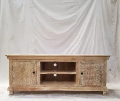 Large Handcrafted Carved Oriental Style Indian Furniture Wooden Hand carved TV Unit Whitewash 150x40x60cm