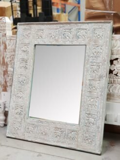 Medium Handcrafted Carved Oriental Style Indian Furniture Wooden Hand Carved Mirror Frame White 90x2x120cm