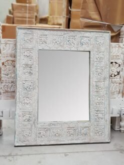 Medium Handcrafted Carved Oriental Style Indian Furniture Wooden Hand Carved Mirror Frame White 90x2x120cm