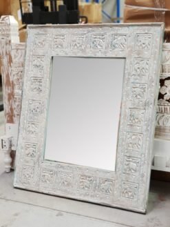 Medium Handcrafted Carved Oriental Style Indian Furniture Wooden Hand Carved Mirror Frame White 90x2x120cm