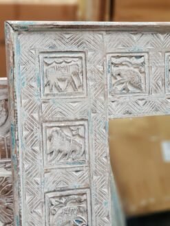 Medium Handcrafted Carved Oriental Style Indian Furniture Wooden Hand Carved Mirror Frame White 90x2x120cm