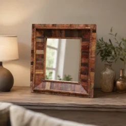 Small Handcrafted Carved Oriental Style Indian Furniture Wooden Hand Carved Mirror Frame Brown 90x5x90cm