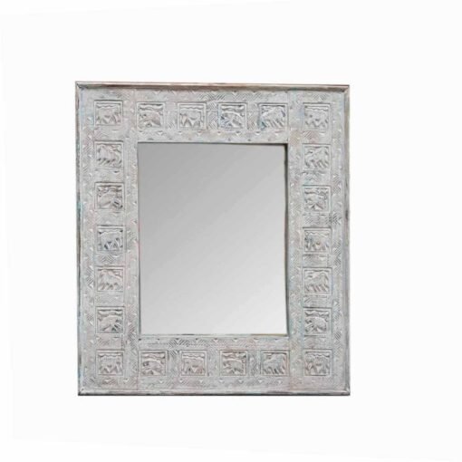 Medium Handcrafted Carved Oriental Style Indian Furniture Wooden Hand Carved Mirror Frame White 90x2x120cm