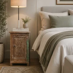 Handcrafted Side Table Natural Solid Wood Hand Carved Bedside Table Bed Side Cabinet 43x33x64cm