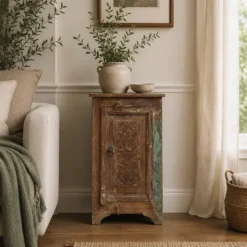 Handcrafted Side Table Natural Solid Wood Hand Carved Bedside Table Bed Side Cabinet 43x33x64cm
