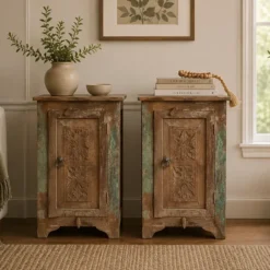 Alternative view of Handcrafted Side Table Natural Solid Wood Hand Carved Bedside Table Bed Side Cabinet 43x33x64cm