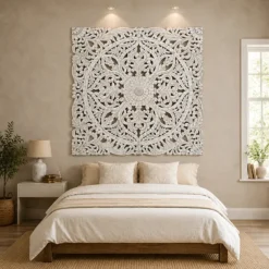 Floral Bed Panel | White Solid Wood | Handcrafted, Handcarved in Mango Wood 155x3x155cm