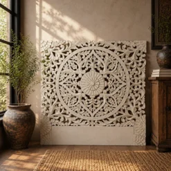 Alternative view of Floral Bed Panel | White Solid Wood | Handcrafted, Handcarved in Mango Wood 155x3x155cm
