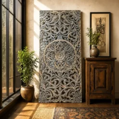 Alternative view of Unique Handcrafted Carved Handmade Mango Wood Vintage Antique Indian Furniture Floral Wooden Panel Black Bedhead 200x90cm