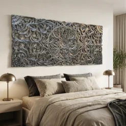 Unique Handcrafted Carved Handmade Mango Wood Vintage Antique Indian Furniture Floral Wooden Panel Black Bedhead 200x90cm
