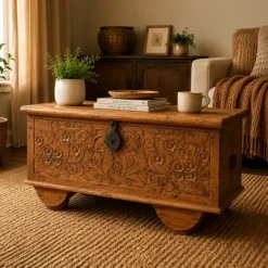 Alternative view of Handcrafted Carved Handmade Indian Furniture Rough Mango Wood Blanket Box 90x45x45cm
