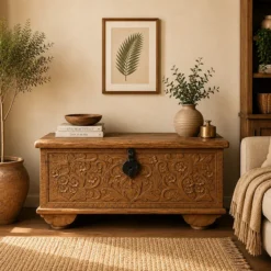 Handcrafted Carved Handmade Indian Furniture Rough Mango Wood Blanket Box 90x45x45cm