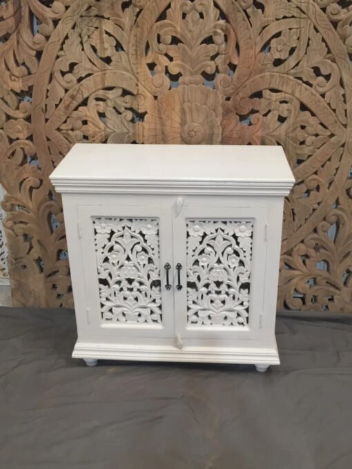 Handcrafted Indian Furniture Handmade Solid Hard Wood Carved Door Cabinet Jali Door White 90x40x90Cm - Image 3