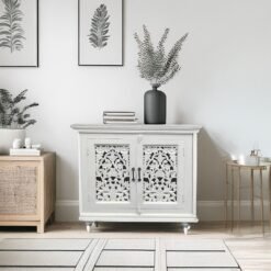 Handcrafted Indian Furniture Handmade Solid Hard Wood Carved Door Cabinet Jali Door White 90x40x90Cm