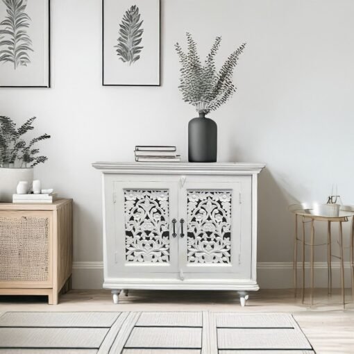 Handcrafted Indian Furniture Handmade Solid Hard Wood Carved Door Cabinet Jali Door White 90x40x90Cm
