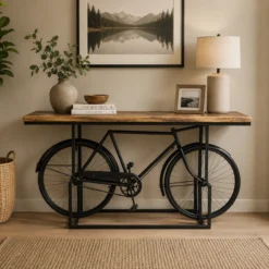Handcrafted Carved Handmade Indian Furniture Wooden Bicycle Bar Table on Stand Black 200x90x95Cm