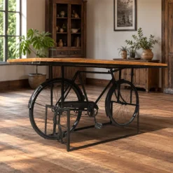 Alternative view of Handcrafted Carved Handmade Indian Furniture Wooden Bicycle Bar Table on Stand Black 200x90x95Cm