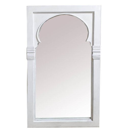 Handmade Large Handcrafted Indian Furniture Carved Wooden Mirror Frame Mehrab Style White 80x5x140Cm