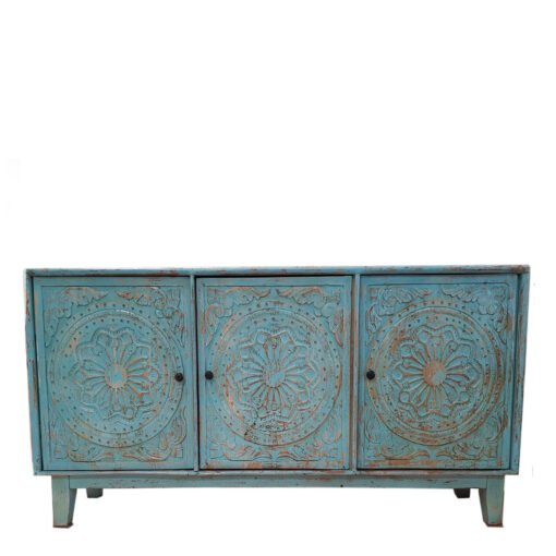 Handcrafted Indian Furniture Solid Hard Wood Mandala Carving Sideboard Buffet Blue 174x40x74Cm