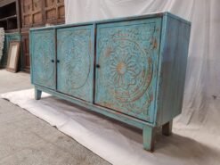 Handcrafted Indian Furniture Solid Hard Wood Mandala Carving Sideboard Buffet Blue 174x40x74Cm