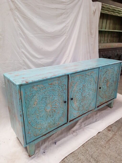 Handcrafted Indian Furniture Solid Hard Wood Mandala Carving Sideboard Buffet Blue 174x40x74Cm