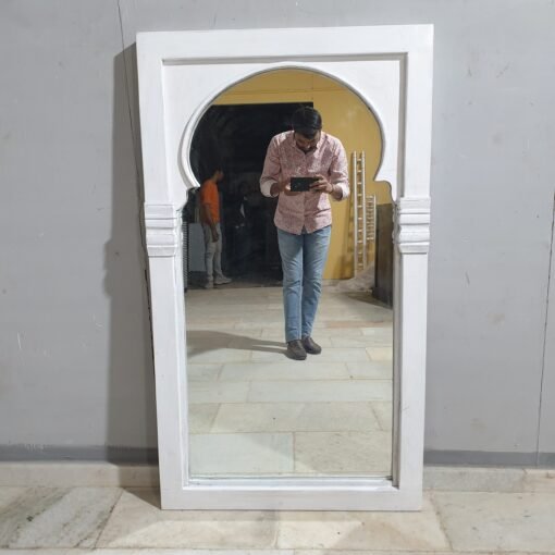 Handmade Large Handcrafted Indian Furniture Carved Wooden Mirror Frame Mehrab Style White 80x5x140Cm