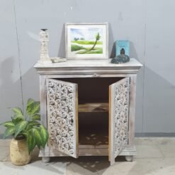 Indian Furniture Handcrafted Handmade Solid Hard Wood Floral Carved Door Cabinet White 90x40x90Cm