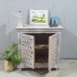 Indian Furniture Handcrafted Handmade Solid Hard Wood Floral Carved Door Cabinet White 90x40x90Cm