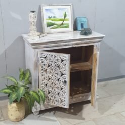 Indian Furniture Handcrafted Handmade Solid Hard Wood Floral Carved Door Cabinet White 90x40x90Cm