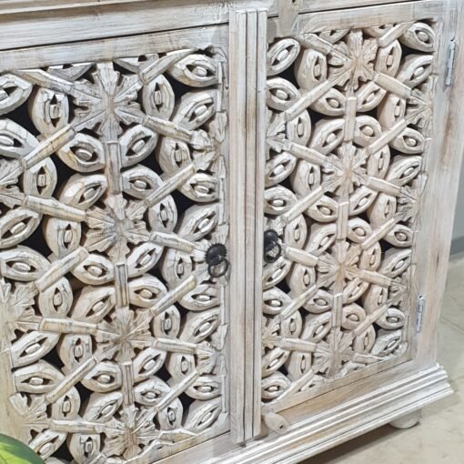 Indian Furniture Handcrafted Handmade Solid Hard Wood Floral Carved Door Cabinet White 90x40x90Cm