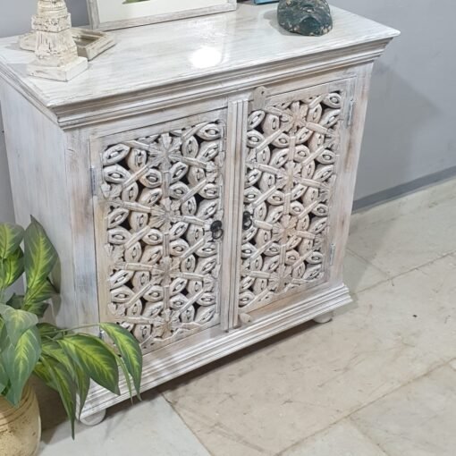 Indian Furniture Handcrafted Handmade Solid Hard Wood Floral Carved Door Cabinet White 90x40x90Cm