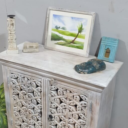 Indian Furniture Handcrafted Handmade Solid Hard Wood Floral Carved Door Cabinet White 90x40x90Cm