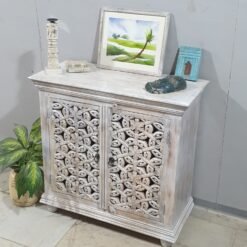 Indian Furniture Handcrafted Handmade Solid Hard Wood Floral Carved Door Cabinet White 90x40x90Cm