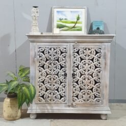 Indian Furniture Handcrafted Handmade Solid Hard Wood Floral Carved Door Cabinet White 90x40x90Cm