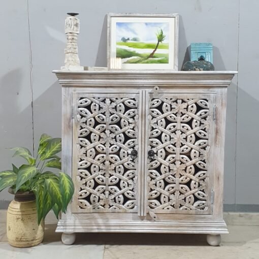 Indian Furniture Handcrafted Handmade Solid Hard Wood Floral Carved Door Cabinet White 90x40x90Cm