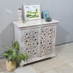 Indian Furniture Handcrafted Handmade Solid Hard Wood Floral Carved Door Cabinet White 90x40x90Cm