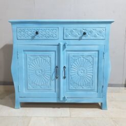 Indian Furniture Carved Handmade Solid Hard Wood 2Drawers Colonial French Legged Cabinet 2 Doors 100x40x90Cm